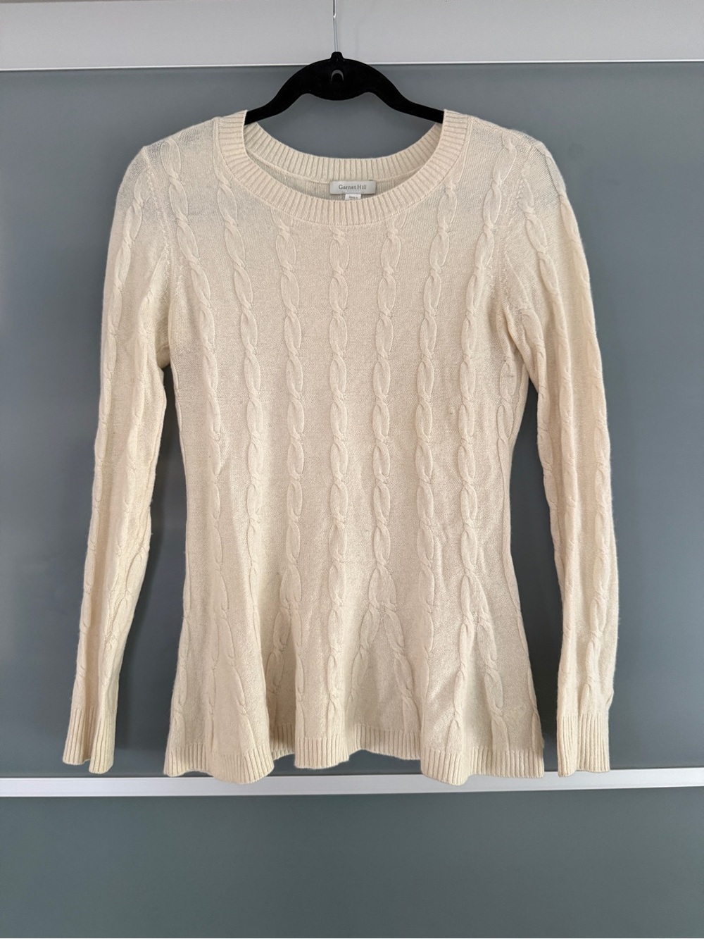 Garnet Hill Cream Cashmere Cable-Knit Crewneck Sweater
